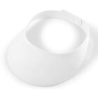 White visor hat with a curved brim and adjustable strap on a plain background.