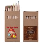 Two boxes of colored pencils; one with fire safety theme, the other with a vintage coffee label.