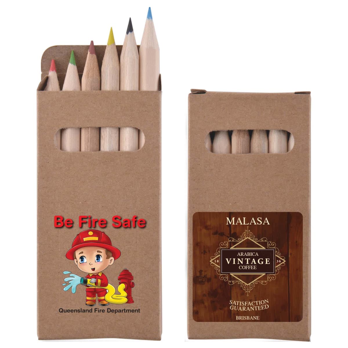 Two boxes of colored pencils; one with fire safety theme, the other with a vintage coffee label.