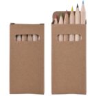 Two cardboard boxes, one closed and one open, containing colored pencils.
