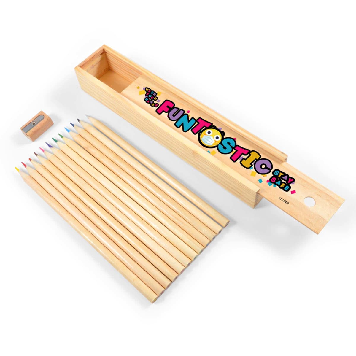 Wooden box set with colored pencils and a sharpener.