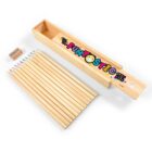 Wooden case with colored pencils and a sharpener.