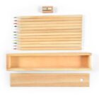 Wooden box with colored pencils, a lid, and a sharpener arranged neatly.