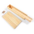 Wooden box with colored pencils, a ruler lid, and a sharpener.
