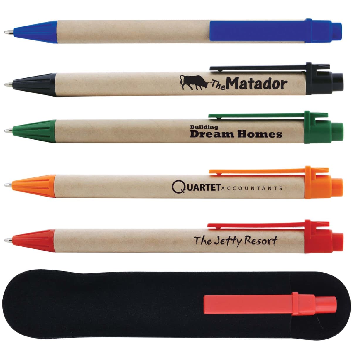 Five promotional pens with logos, in various colors, and one black case.