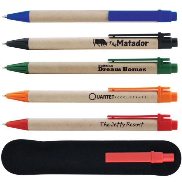 Five pens with various colors and logos, next to a black pen sleeve.