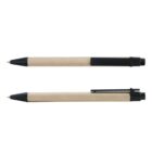 Two black-tipped, retractable pens with beige barrels, one with clip visible.