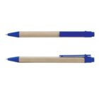 Two blue and beige ballpoint pens, one with a clip, against a white background.