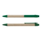 Two retractable pens with green tips and clips on a white background.