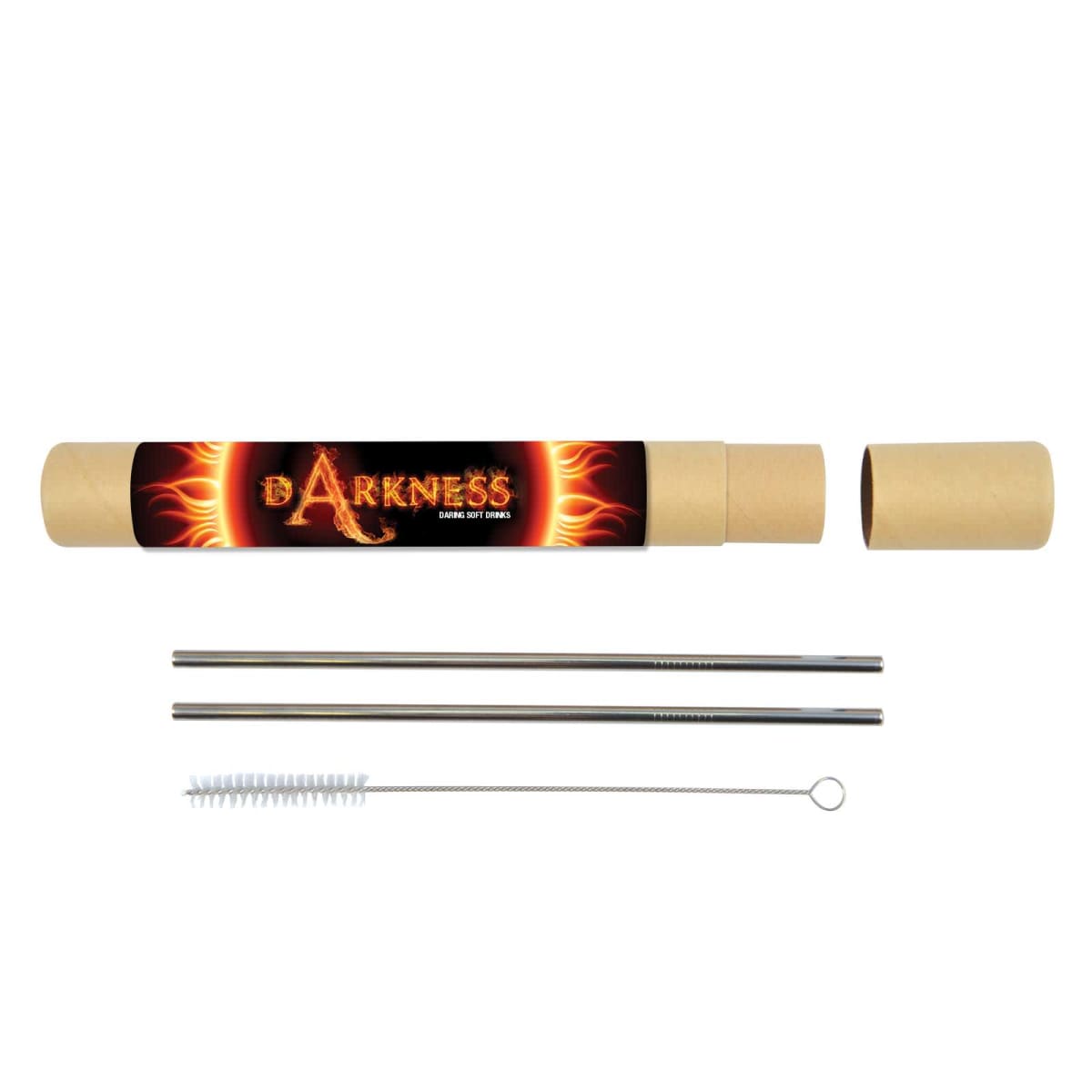 Set of metal straws, cleaning brush, and a paper tube labeled DARKNESS.