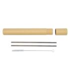 Reusable metal straws with a cleaning brush and a cardboard tube case.