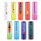 Colorful branded lip balm tubes arranged in two rows on a white background.
