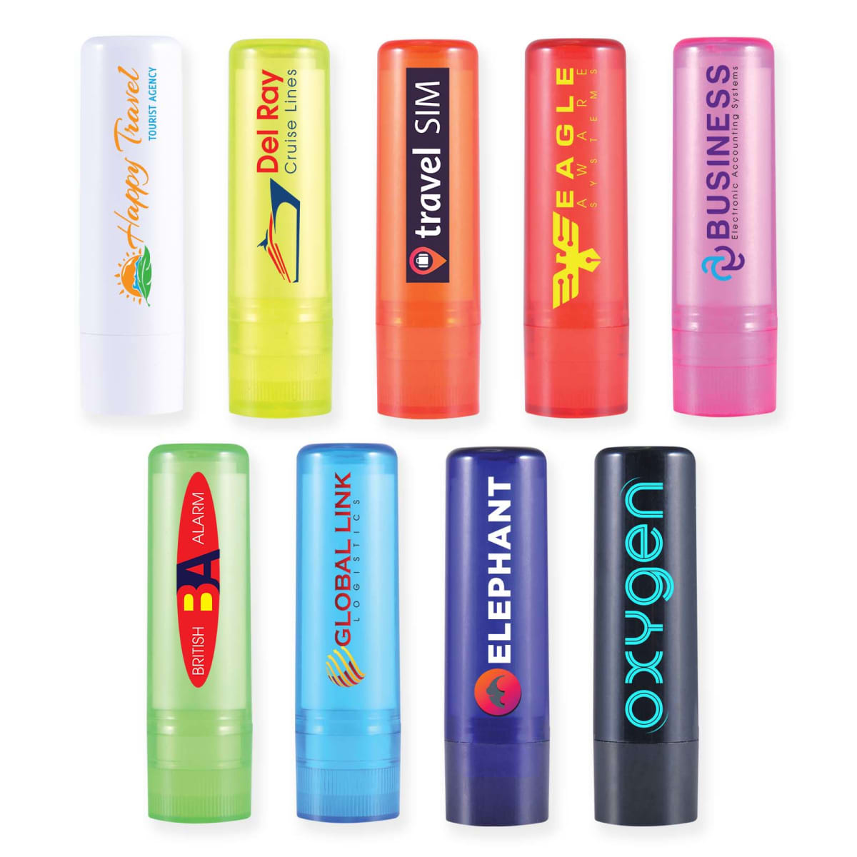 Colorful branded lip balm tubes arranged in two rows on a white background.
