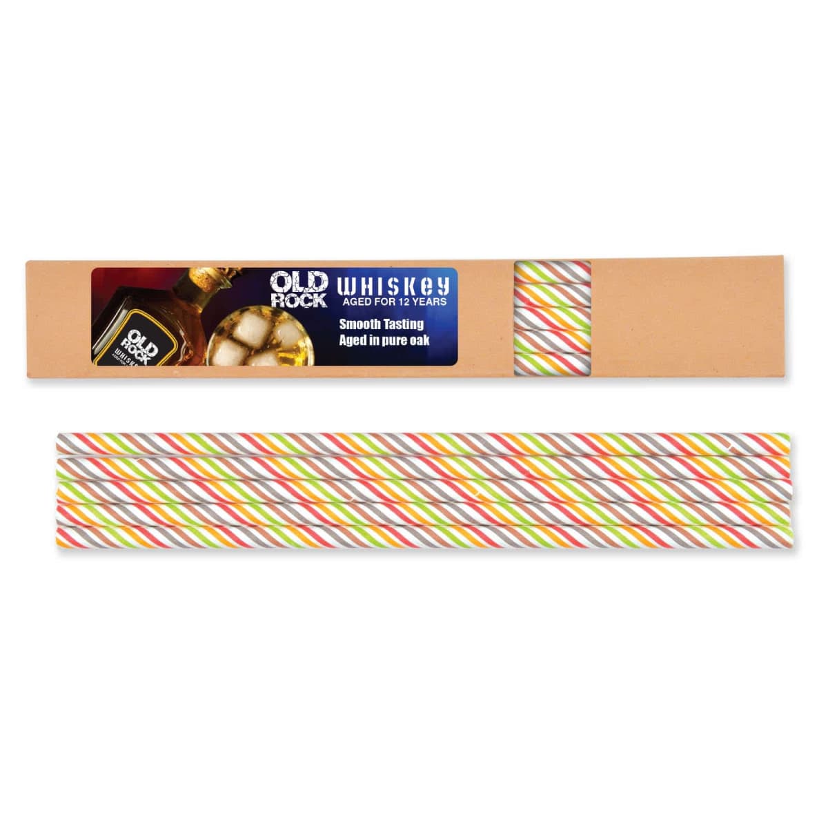Candy canes in a box with whiskey branding on the packaging.