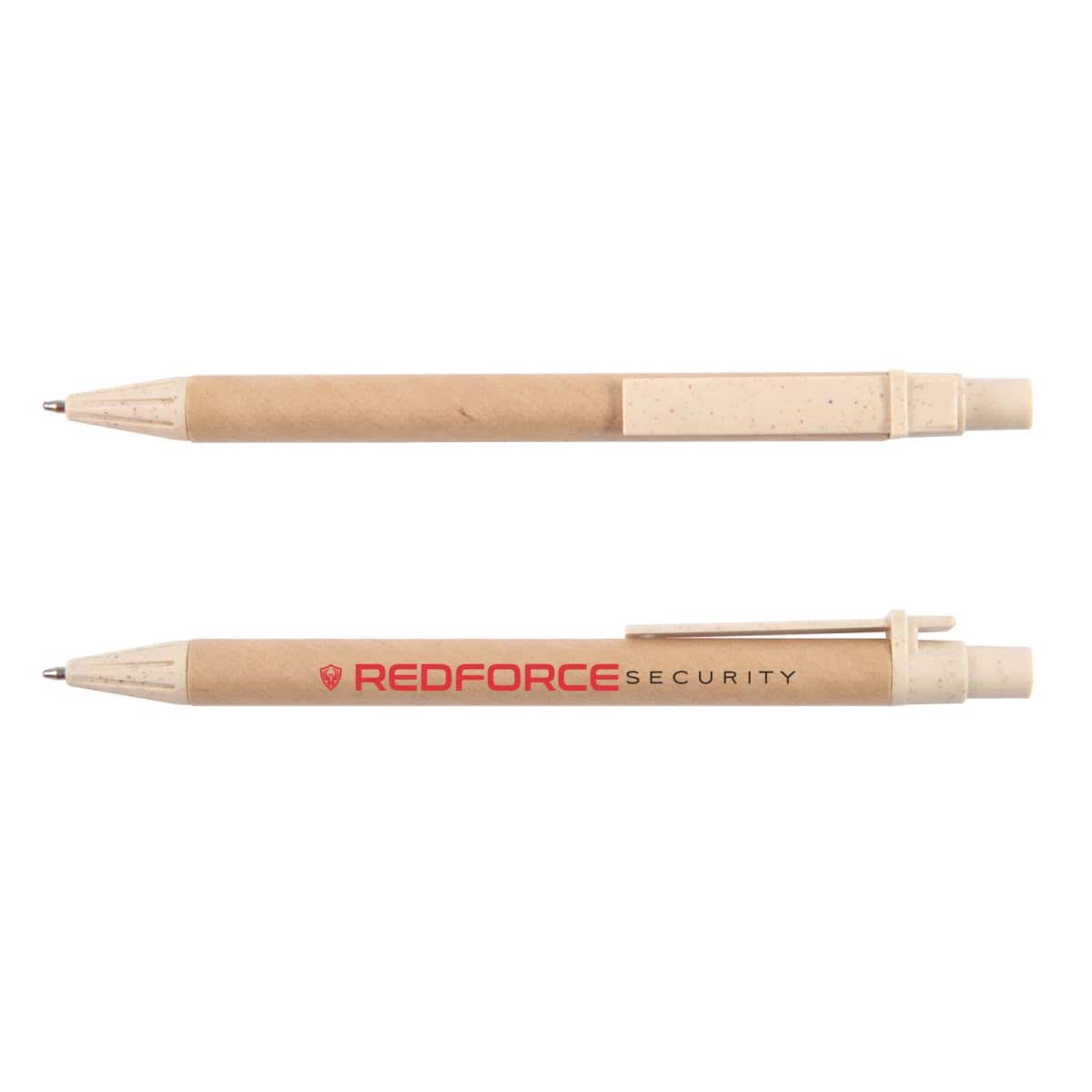 Two beige pens with red REDFORCE SECURITY text on one.