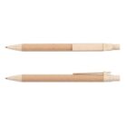 Two brown ballpoint pens with beige clips, laid horizontally, viewed from different angles.