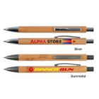 Three bamboo pens with silver and gunmetal accents, featuring Alpha Store and Dinner Run logos.