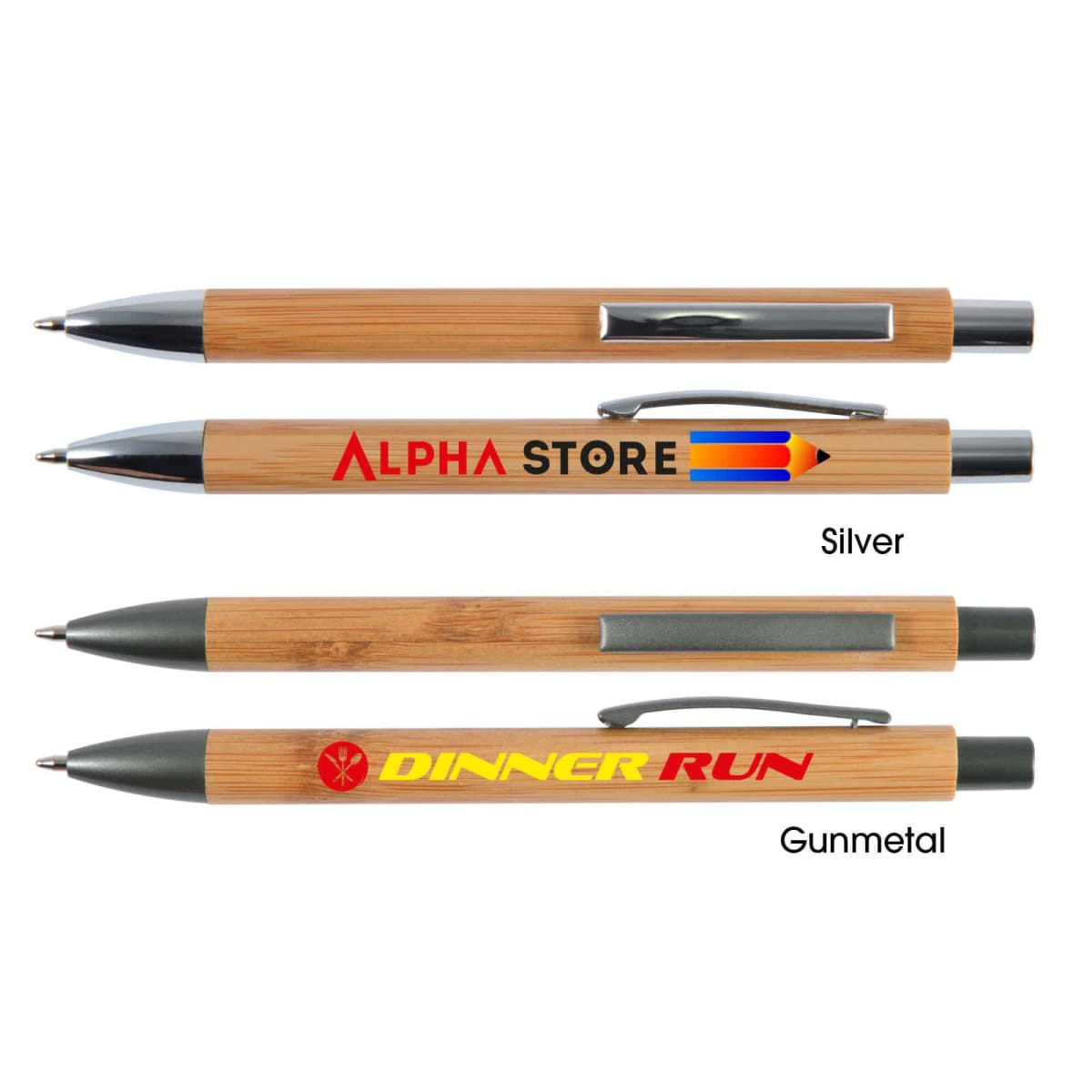 Three bamboo pens with silver and gunmetal accents, featuring Alpha Store and Dinner Run logos.