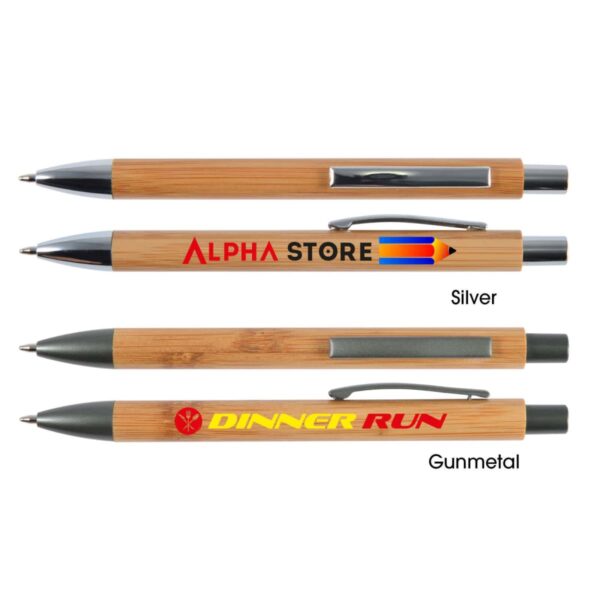 Four bamboo pens with logos and colored tips, labeled Silver and Gunmetal.