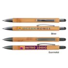 Four bamboo pens with company logos and names, labeled Silver and Gunmetal.