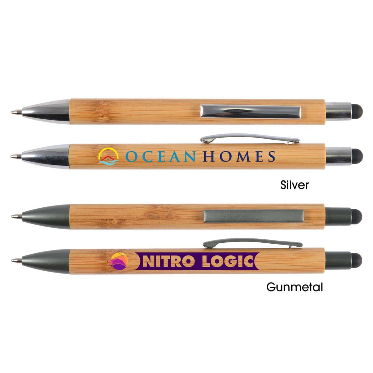 Four bamboo pens with company logos and names, labeled Silver and Gunmetal.