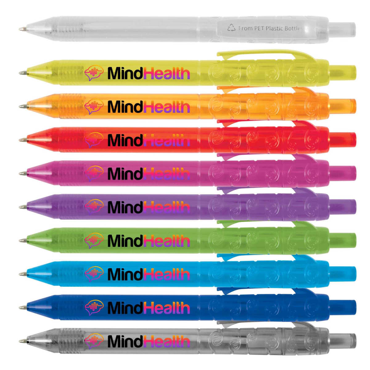 Nine colorful pens labeled MindHealth arranged in a vertical row.