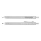 Two transparent pens made from recycled PET plastic bottles.