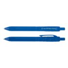Two blue pens made from recycled PET plastic bottles, shown from side and top views.
