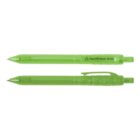 Two translucent green pens made from recycled PET plastic bottles.