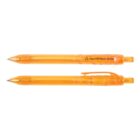 Two orange ballpoint pens made from recycled plastic bottles.