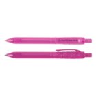 Two pink translucent pens made from recycled PET plastic bottles.