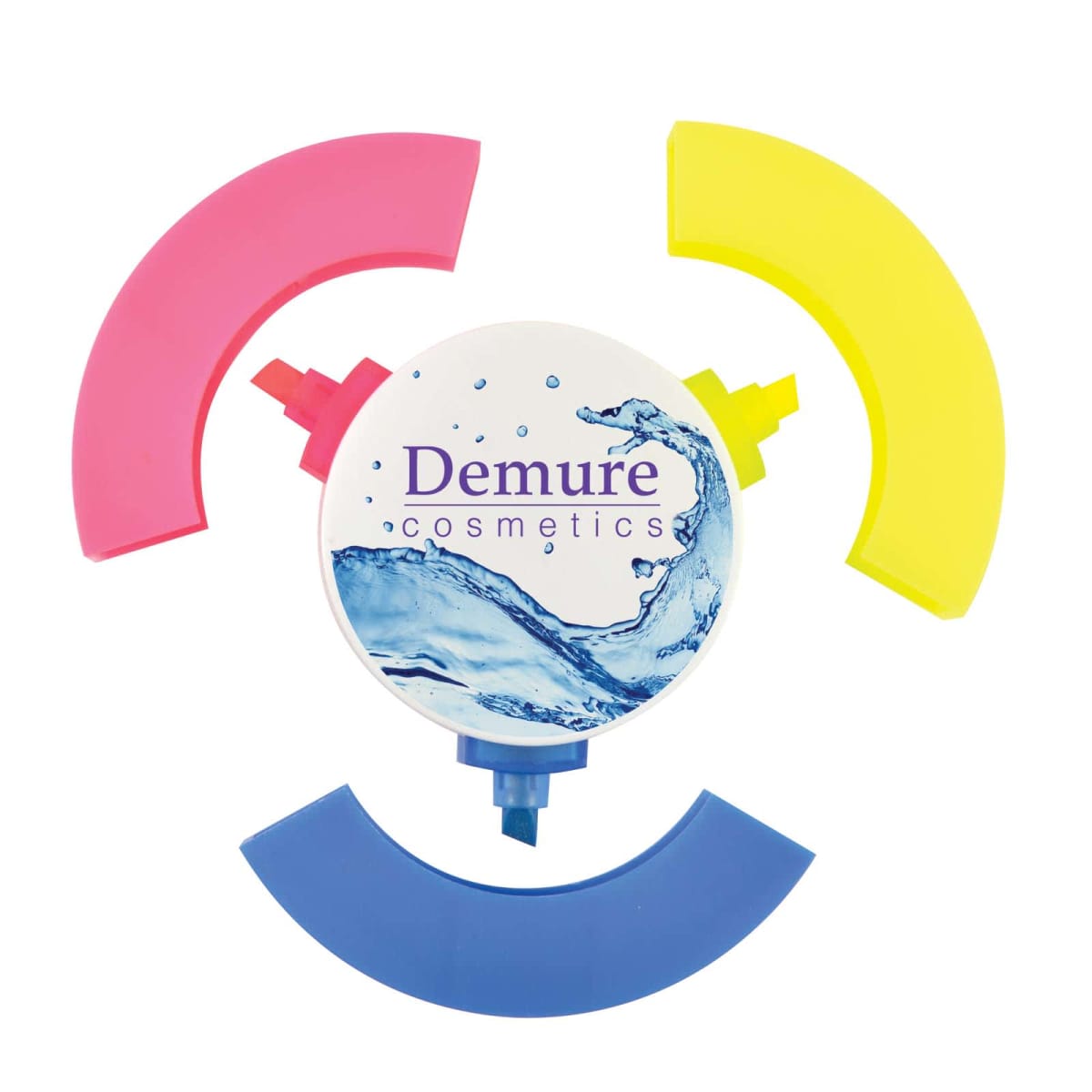 Round Demure cosmetics package with pink, yellow, and blue curved attachments.