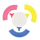 Colorful circular puzzle with detachable pink, yellow, and blue curved pieces.