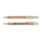 Two eco-friendly pens with World Forestry AGM logo and cork design.