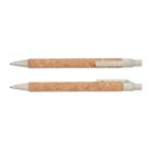 Two cork-textured retractable pens with white tips and clips, shown from the side.