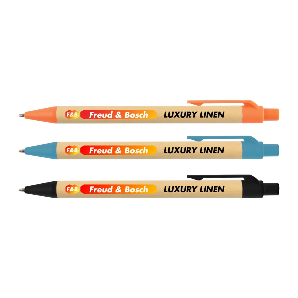 Three pens in orange, red, and blue, labeled F&B Freud & Bosch LUXURY LINEN.