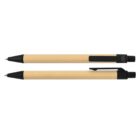 Two beige and black ballpoint pens, one with clip visible.