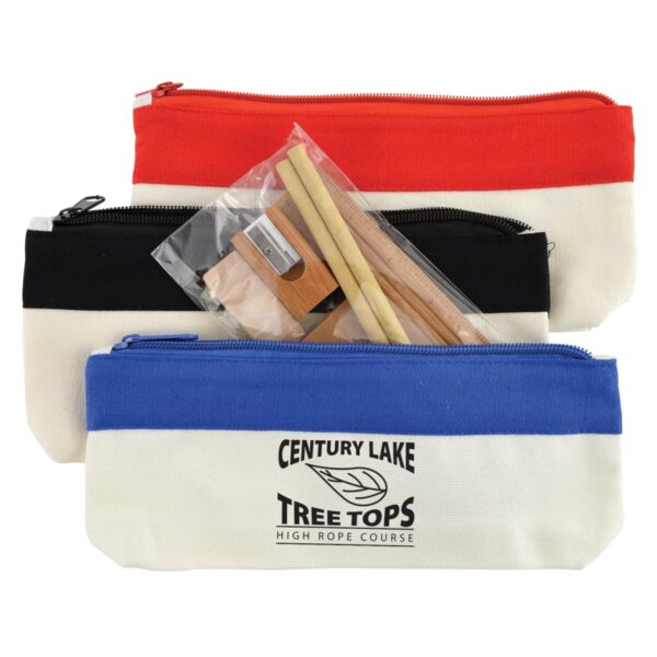 Three pencil cases in red, black, and blue with stationery items.