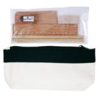 Pencil case with stationery, including a ruler, eraser, and sharpener.
