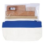 Blue and white pencil case with a ruler, sharpener, and other stationery in a plastic bag.