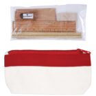 Wooden stationery set with pouch, containing a ruler, sharpener, and pencil.