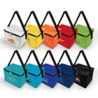 Ten colorful insulated bags with black straps, each displaying different logos.