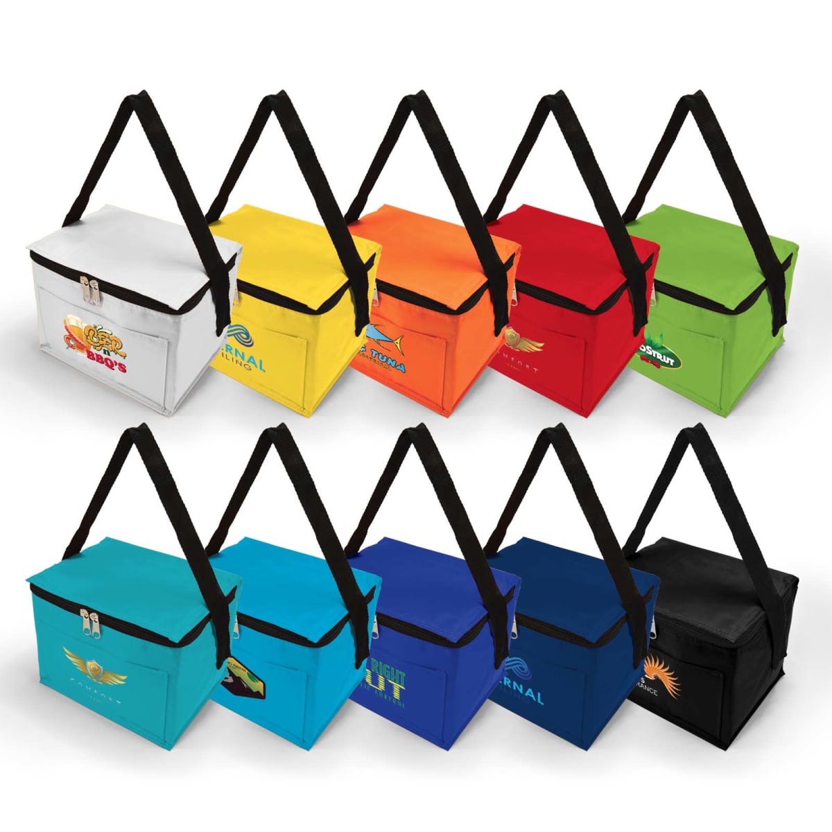 Ten colorful insulated bags with black straps, each displaying different logos.