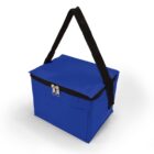 Blue insulated lunch bag with black handles and dual zipper closure.