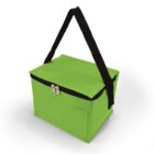 Green insulated lunch bag with a black strap and zipper.