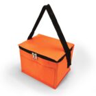 Orange insulated lunch bag with black carrying strap and zipper closure.