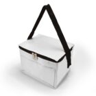 White insulated lunch bag with a black strap and zipper on a white background.