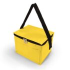 Yellow insulated lunch bag with a black strap and zipper closure.