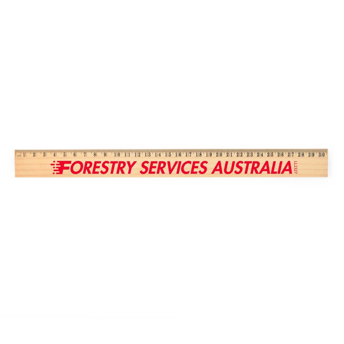 Wooden ruler with FORESTRY SERVICES AUSTRALIA written in red.