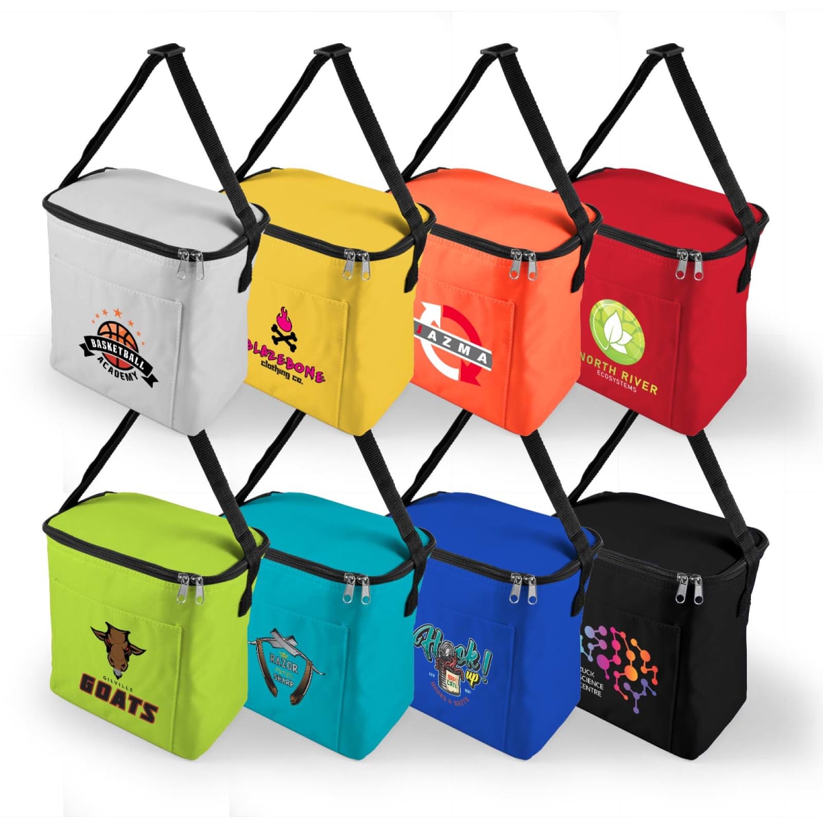 Nine colorful lunch bags with various logos, arranged in a grid. Each bag has a zipper and a shoulder strap.